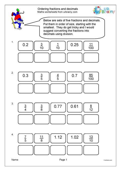 ordering fractions and decimals worksheet free